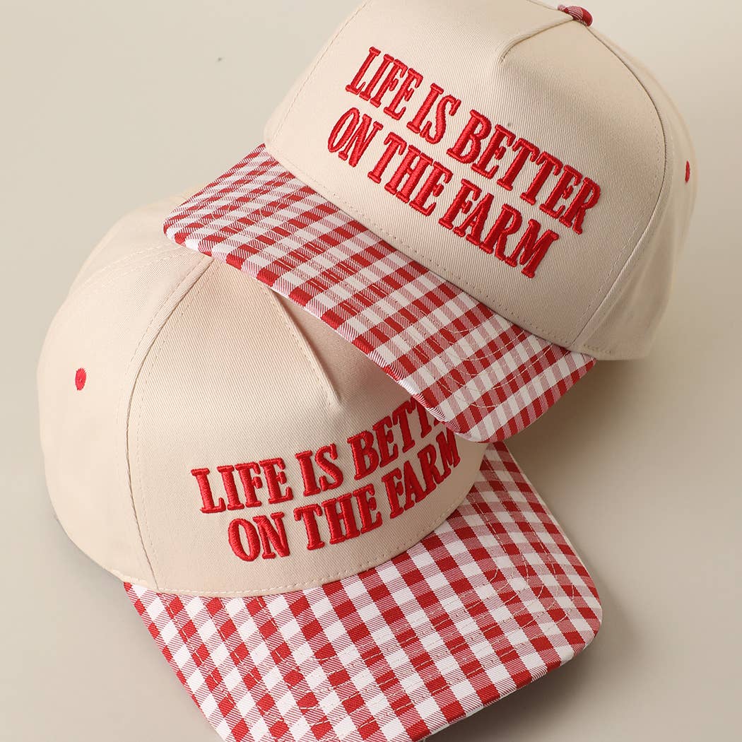 LIFE IS BETTER ON THE FARM 3D Embroidered Gingham Hat: RED / ONE SIZE