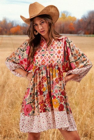 Print Mix & Match Bubble Sleeve Dress