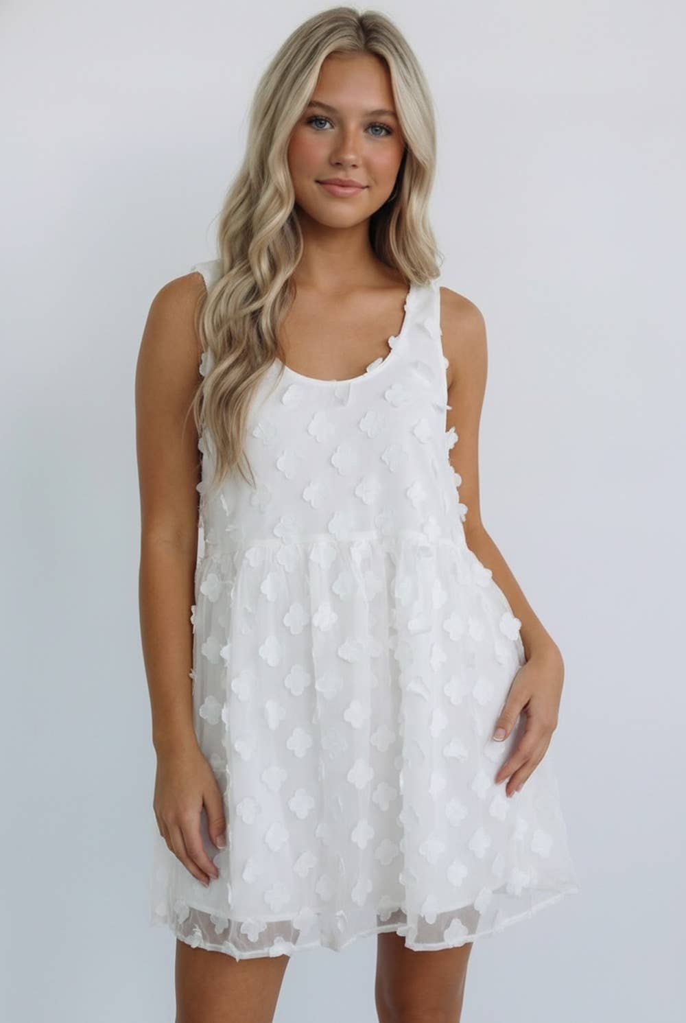 ROUND NECK FLOWER APPLIQUE BABYDOLL DRESS: IVORY