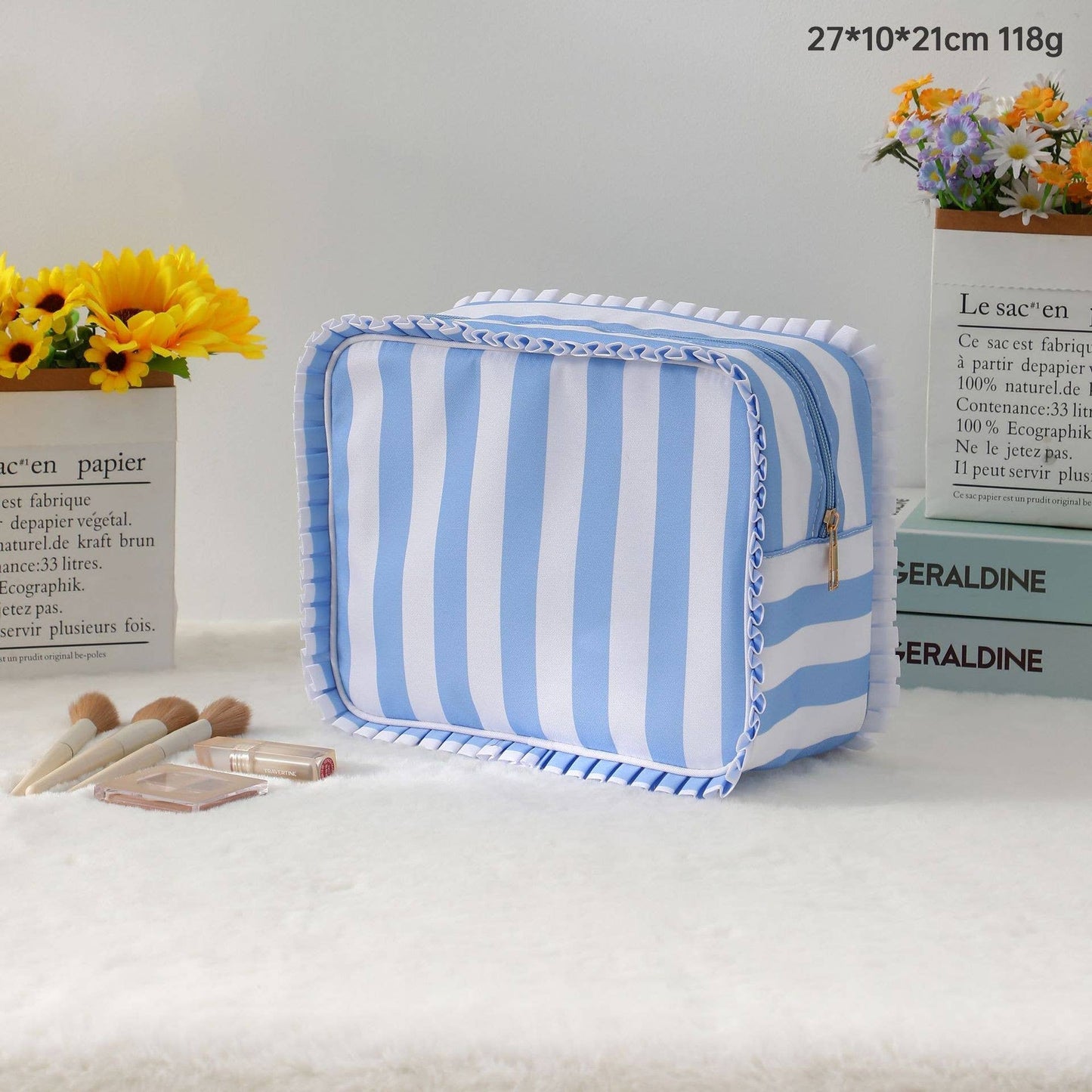 RUFFLE CHECKER STRIPE COSMETIC TRAVEL POUCH BAG: Blue