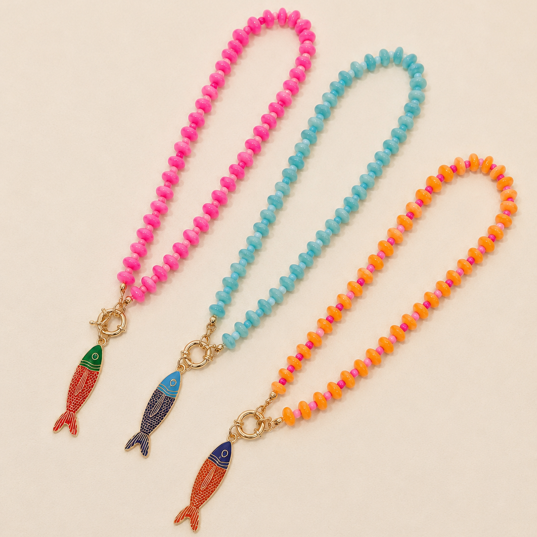 Stainless Steel Tarnish Free Fish Beaded Necklaces| ORANGE