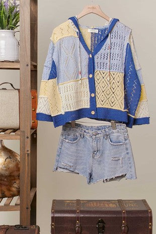 Patchwork Knit Hoodie Cardigan