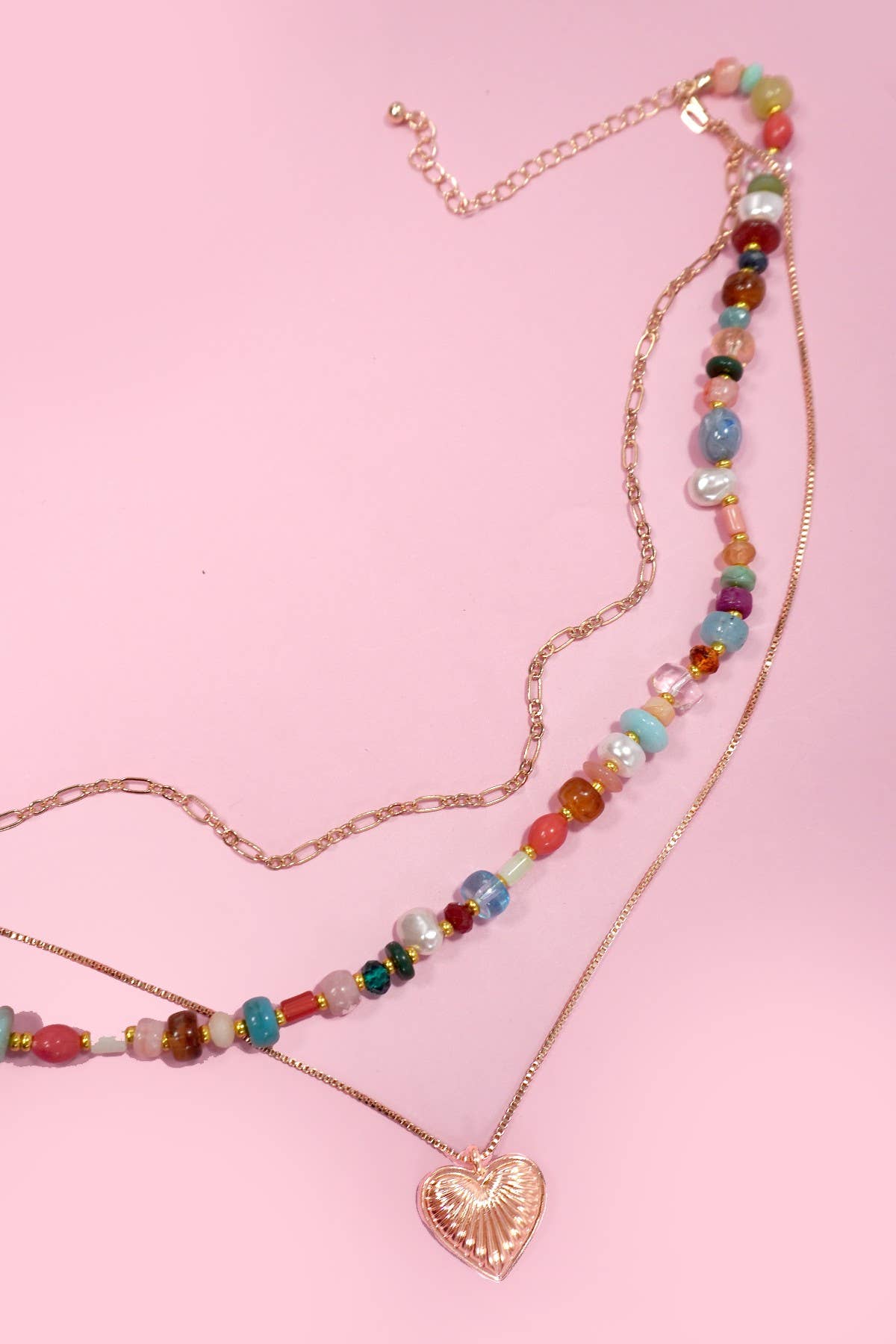 MULTI LAYERED BEADED HEART CHARM NECKLACE :GOLD