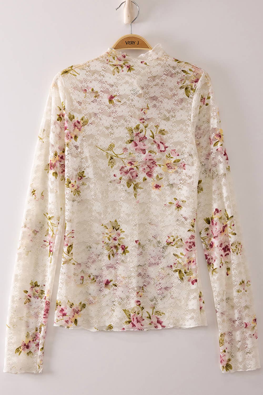 Sheer Mesh Lace Knit Top: CREAM/PLUM BIG FLORAL