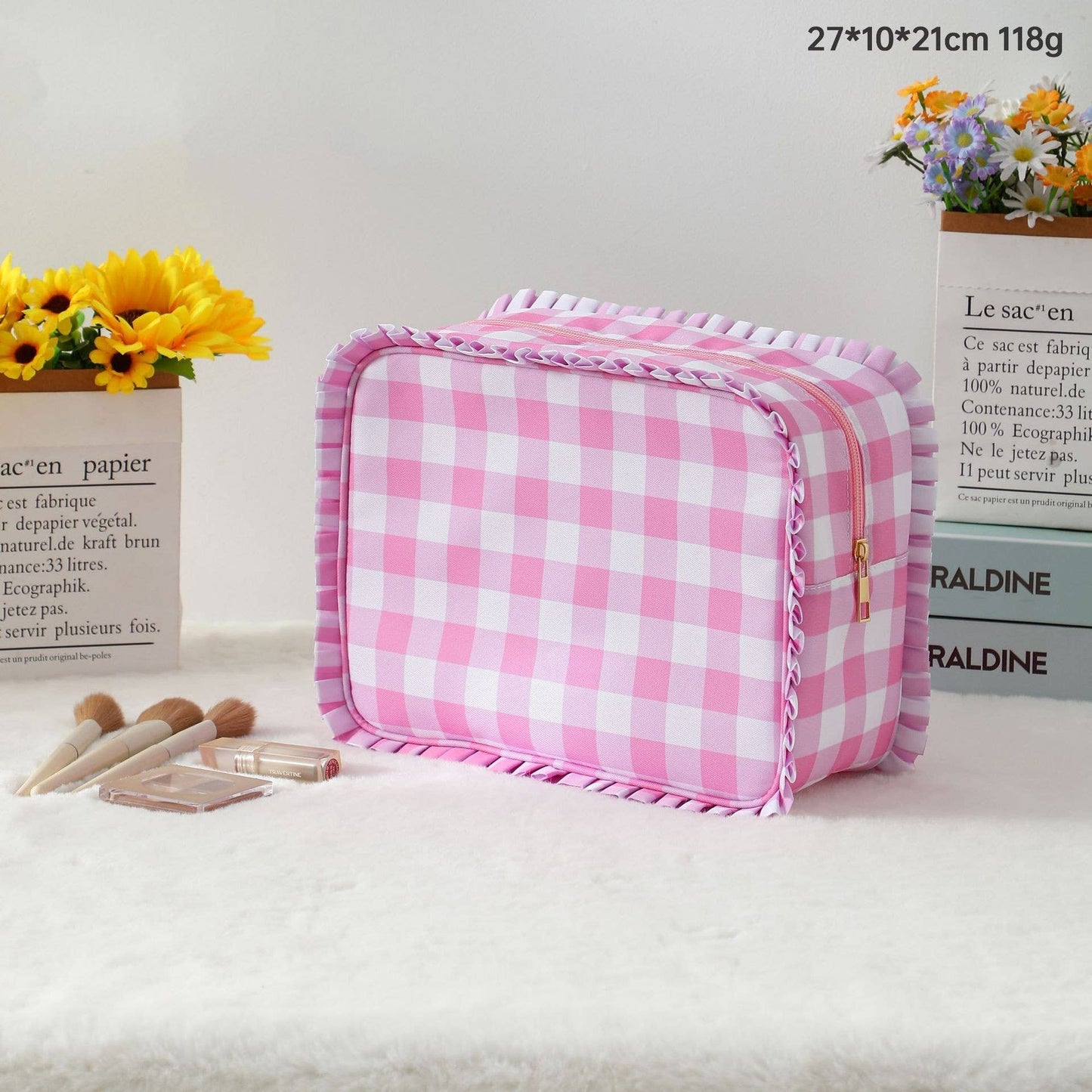 RUFFLE CHECKER STRIPE COSMETIC TRAVEL POUCH BAG: Pink