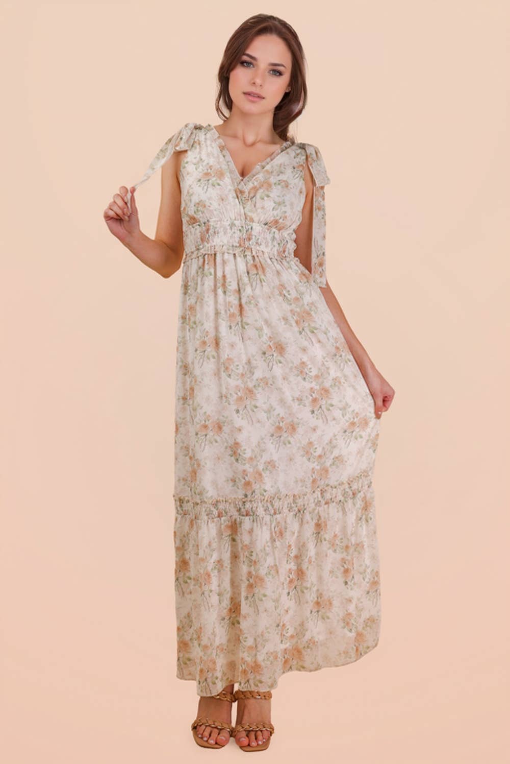 Floral Printed Shoulder Strap Midi Dress: PEACH MIX