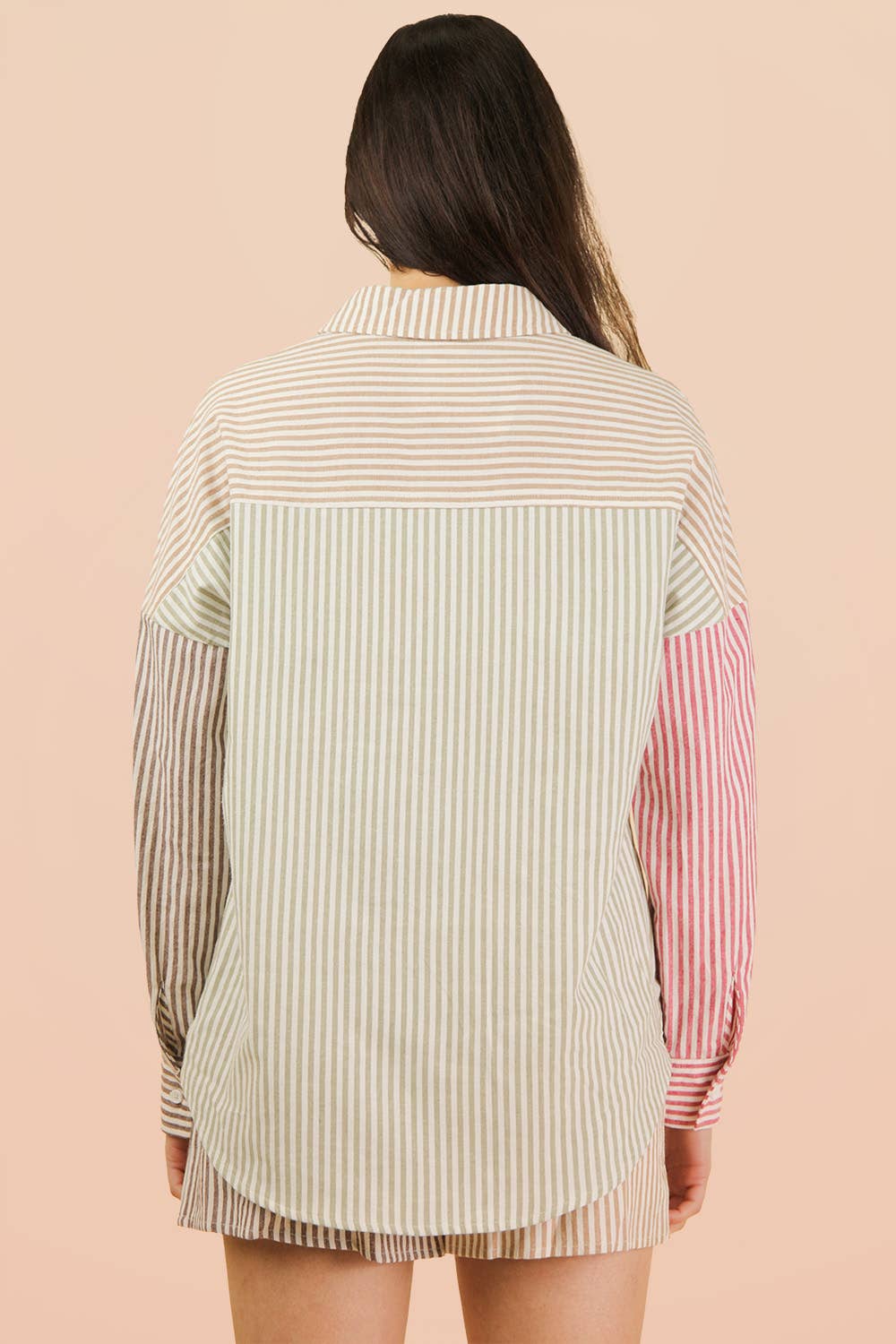 Stripe Color Block Shirt Top & Shorts Set: MOCHA MIX