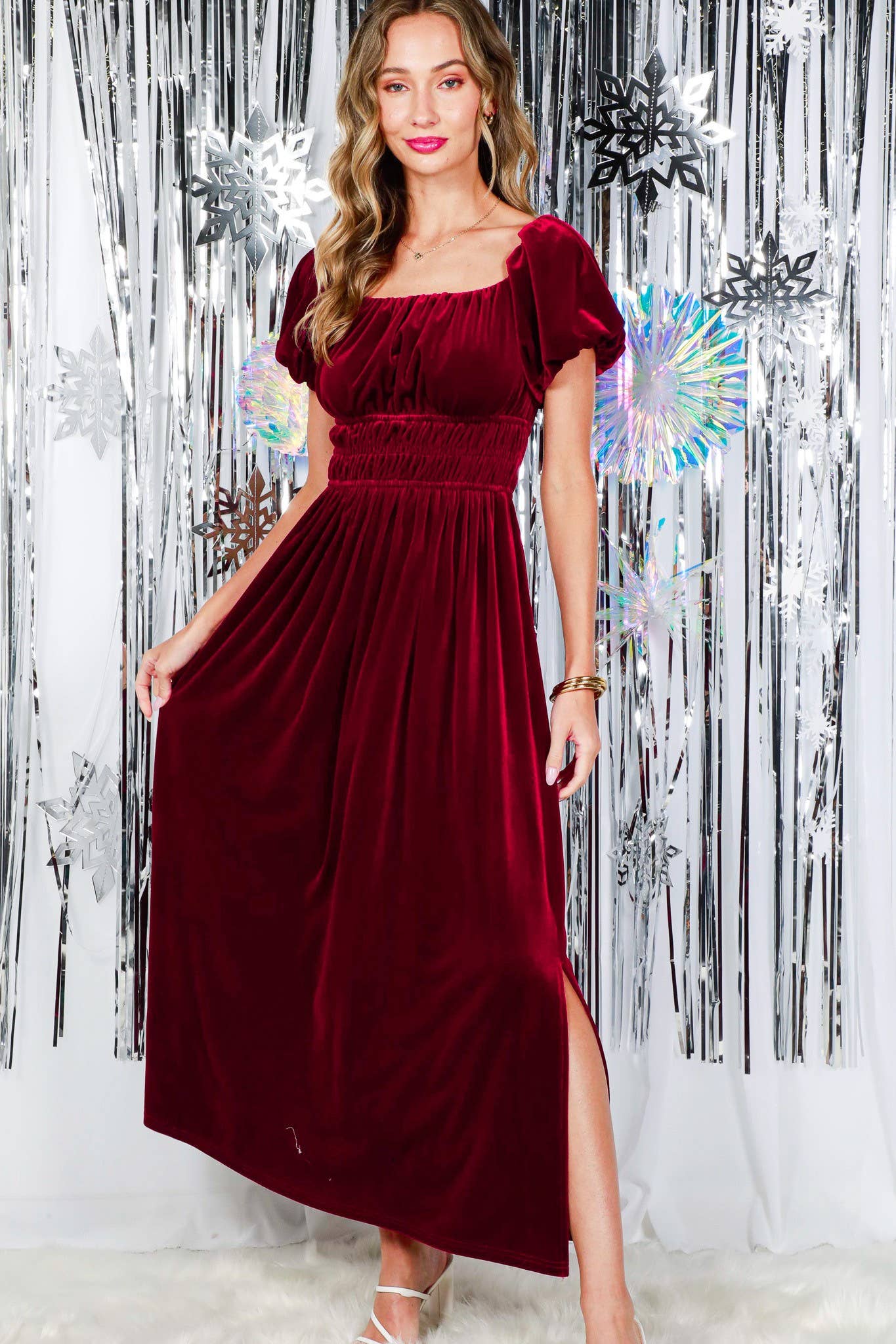 Square Neck Puff Sleeve Smocked Velvet Maxi Dress