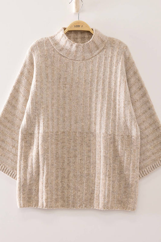 Ribbed Knit Mock Neck Sweater: OATMEAL