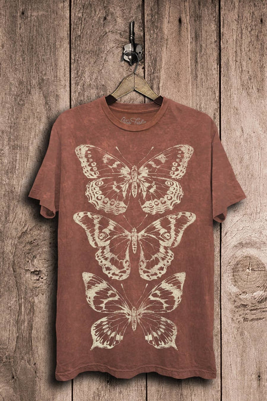 Butterflies Graphic Top: Vintage Wine Mineral Wash
