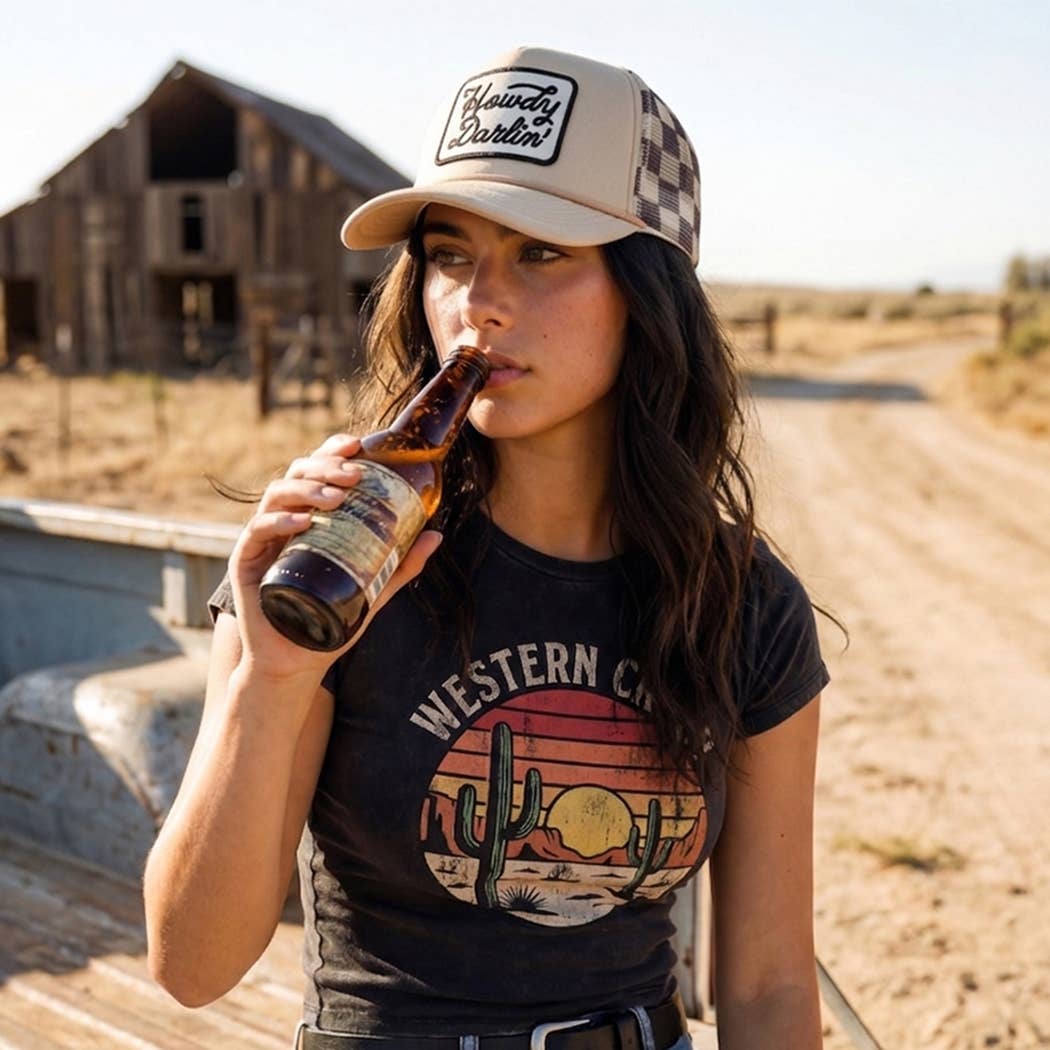 HOWDY DARLIN' Embroidered Patch Checker Foam Trucker Hat