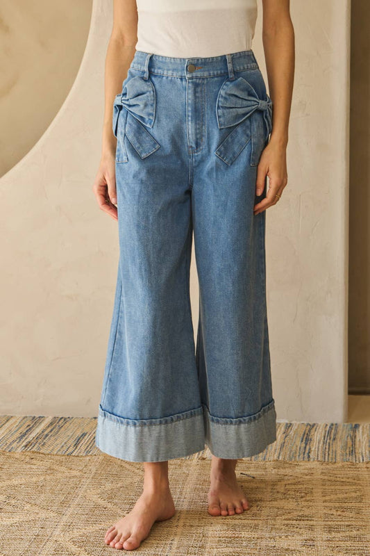 Washed Denim Wide Leg Pants