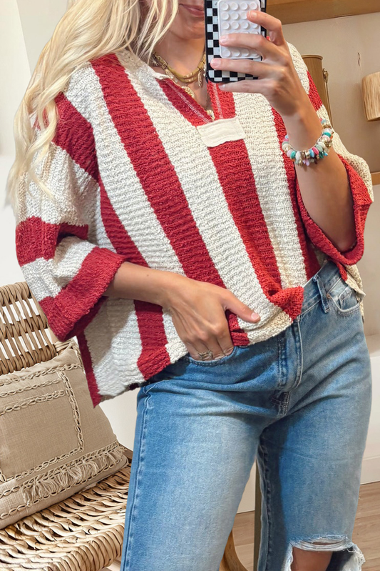 Casual Stripe Bracelet Sleeve Top: Red