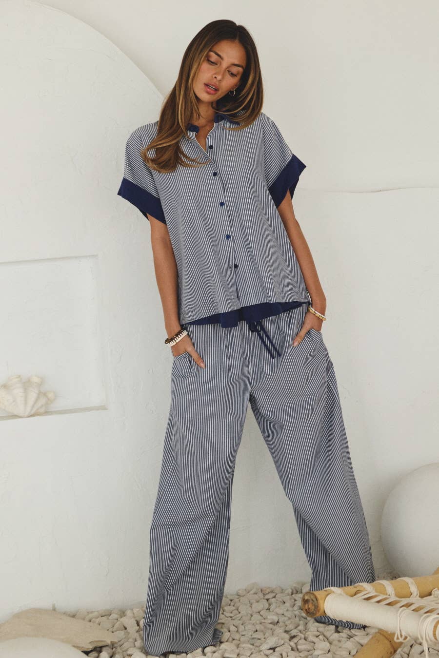 Striped Button-down Top & Wide-leg Pants Set: Denim Combo