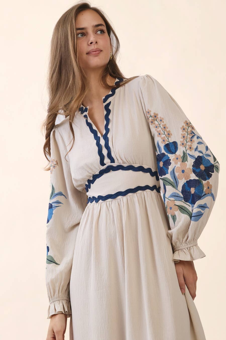 Embroidered Tiered Midi Dress: ECRU