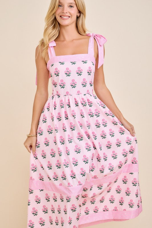 Floral Print Midi Dress w/Tie Shoulder Straps