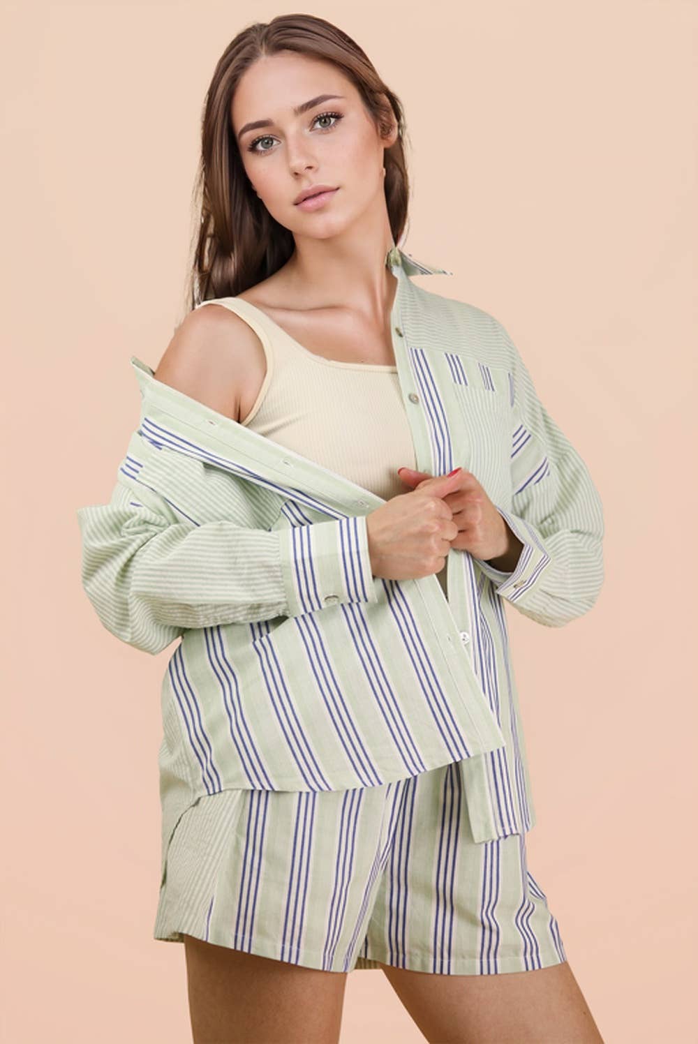 PLUS SIZE Stripe Woven Shirt Top & Shorts Set: BLUE/SAGE