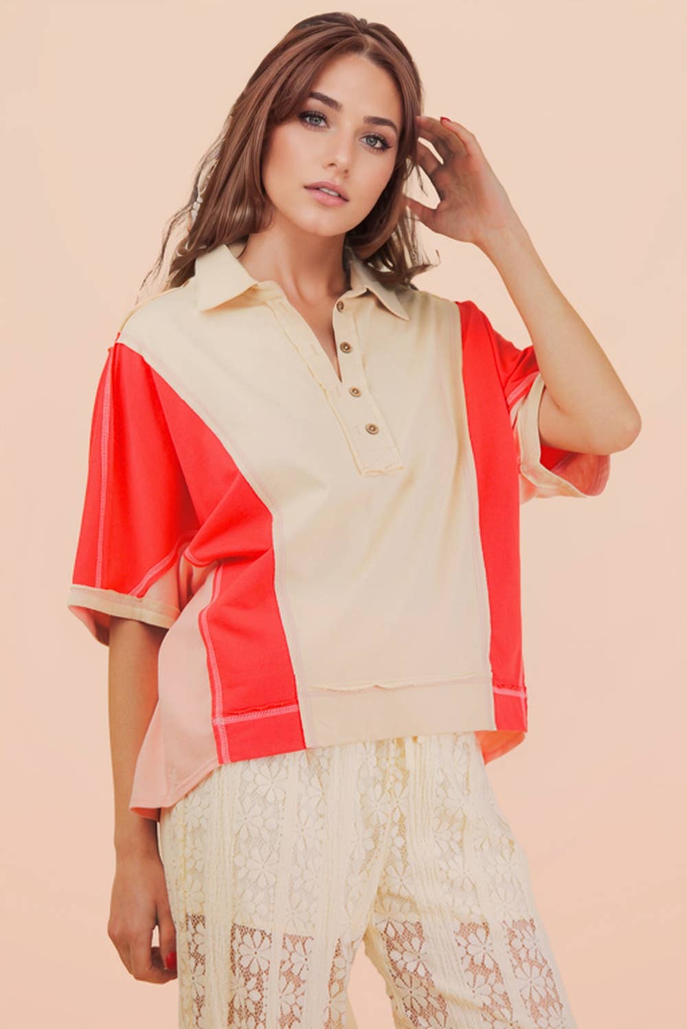 Oversized Dolman Sleeve Color Block Casual Top: TOMATO