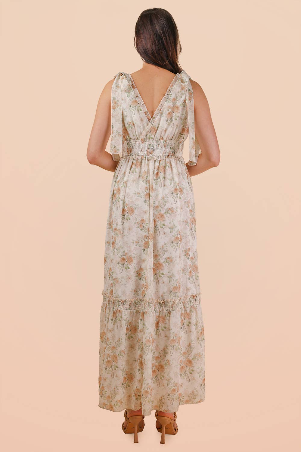 Floral Printed Shoulder Strap Midi Dress: PEACH MIX