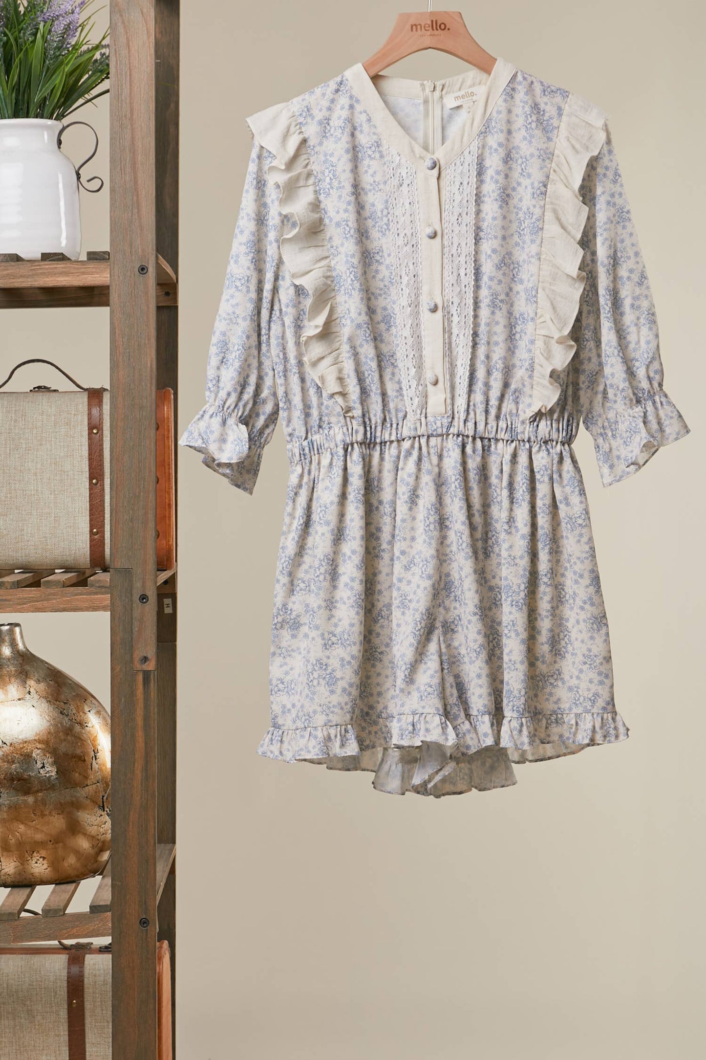 FLORAL LACE PANEL ROMPER: Dusty Sky Blue