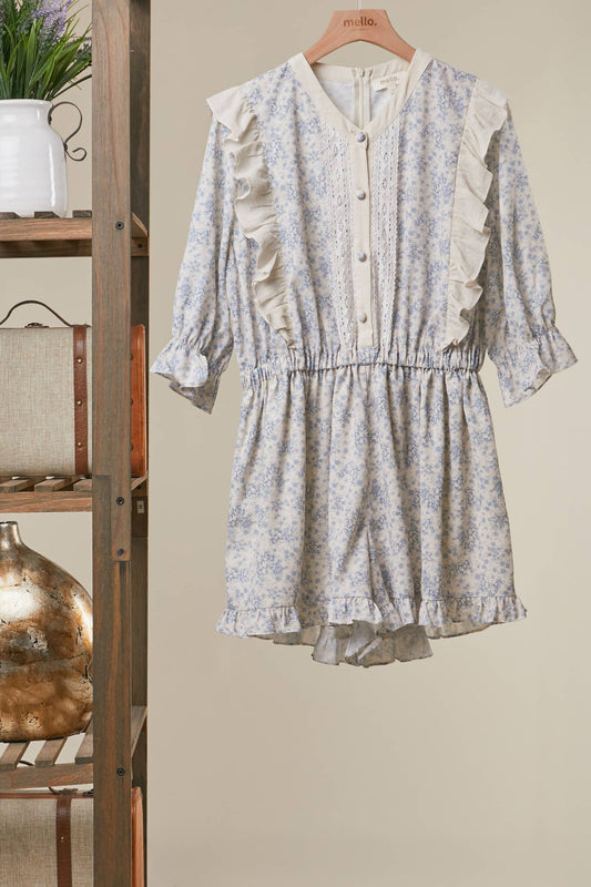 FLORAL LACE PANEL ROMPER: Dusty Sky Blue