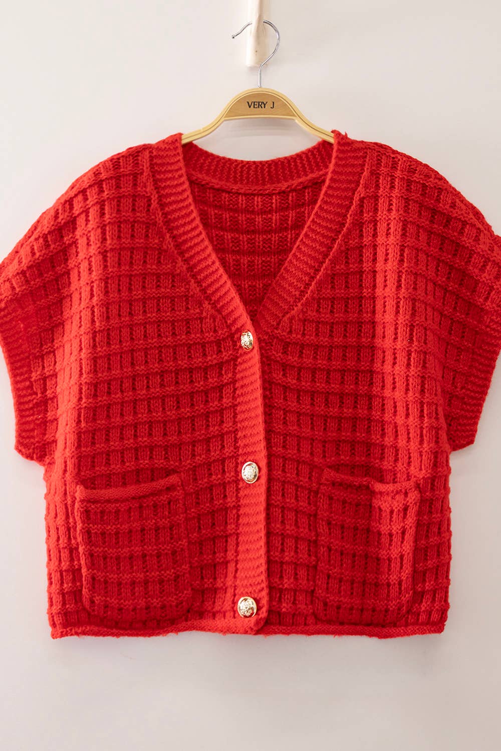 Waffle Texture Crop Cardigan: RED