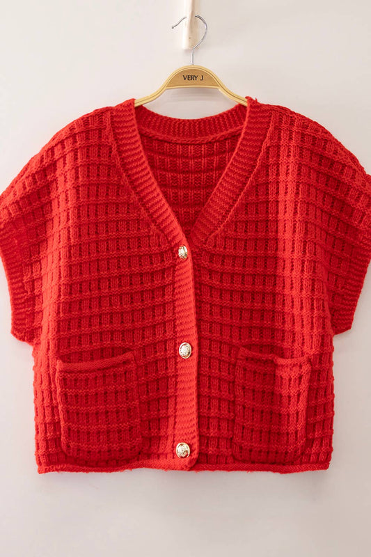 Waffle Texture Crop Cardigan: RED