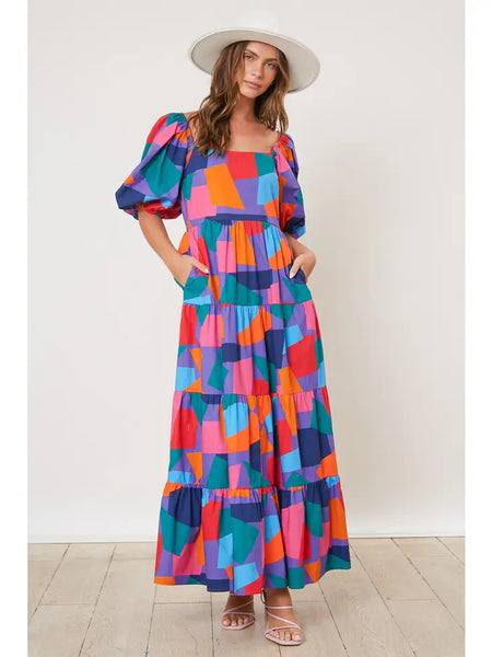 Multicolor Geo Print Tiered Maxi Dress