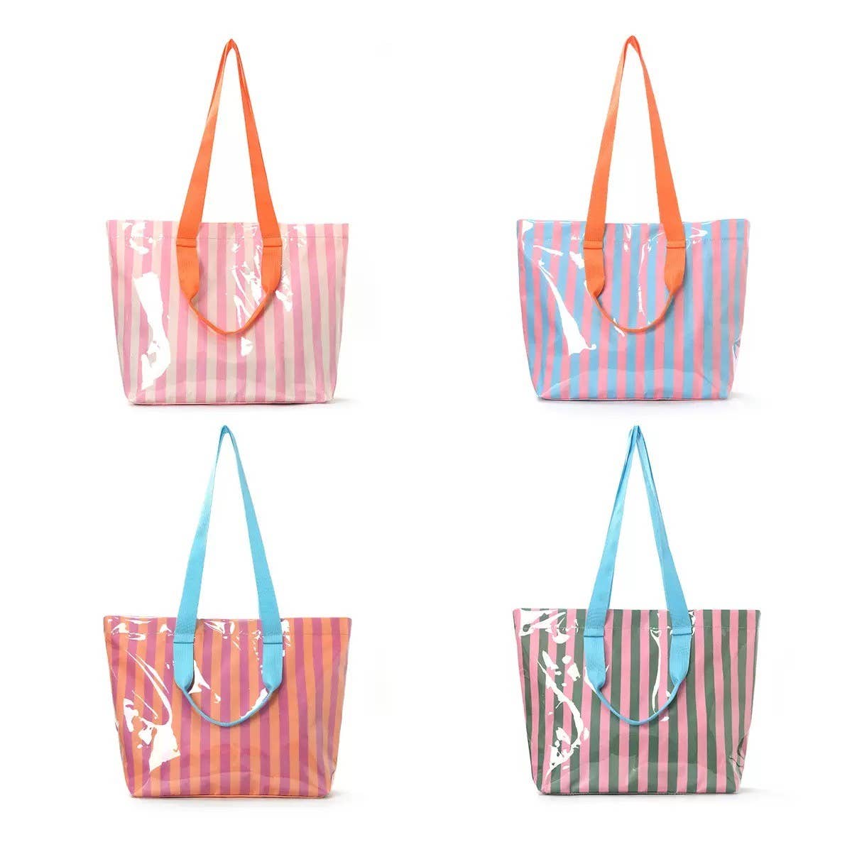 Large Striped Vinyl Tote Bags with Shoulder Strap: Fuchsia Orange