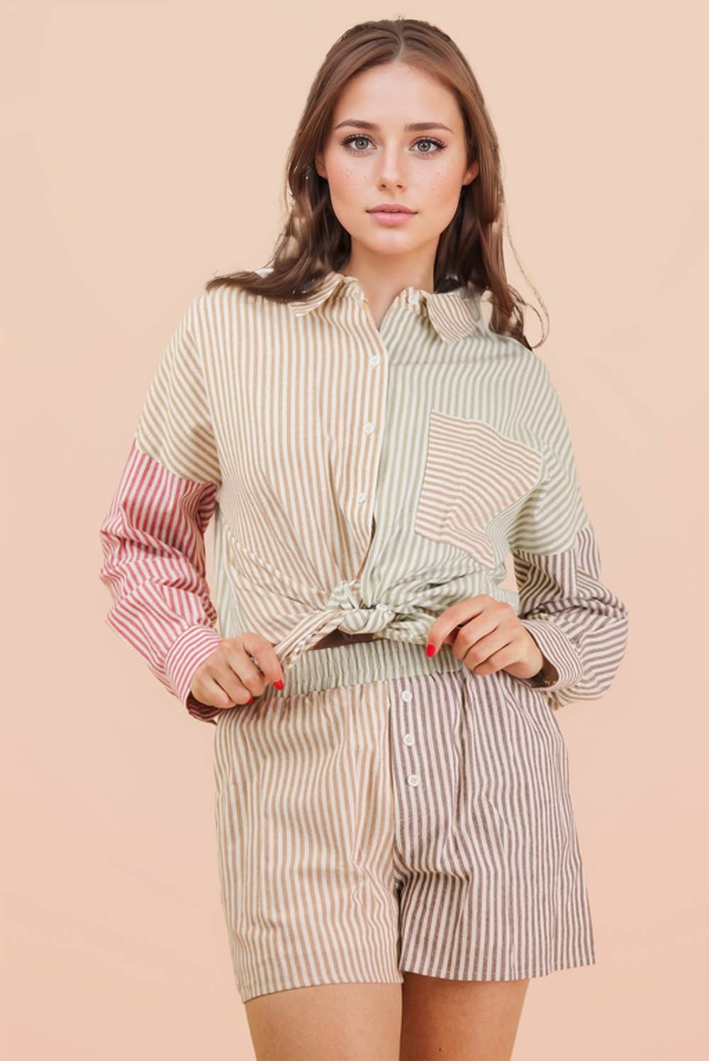 Stripe Color Block Shirt Top & Shorts Set: MOCHA MIX
