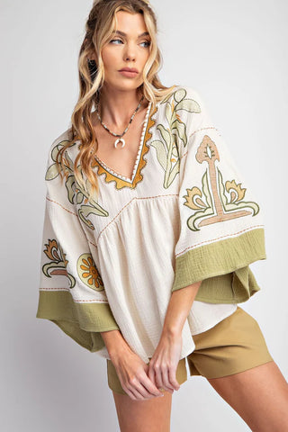 Embroidered Gauze Natural Babydoll Top