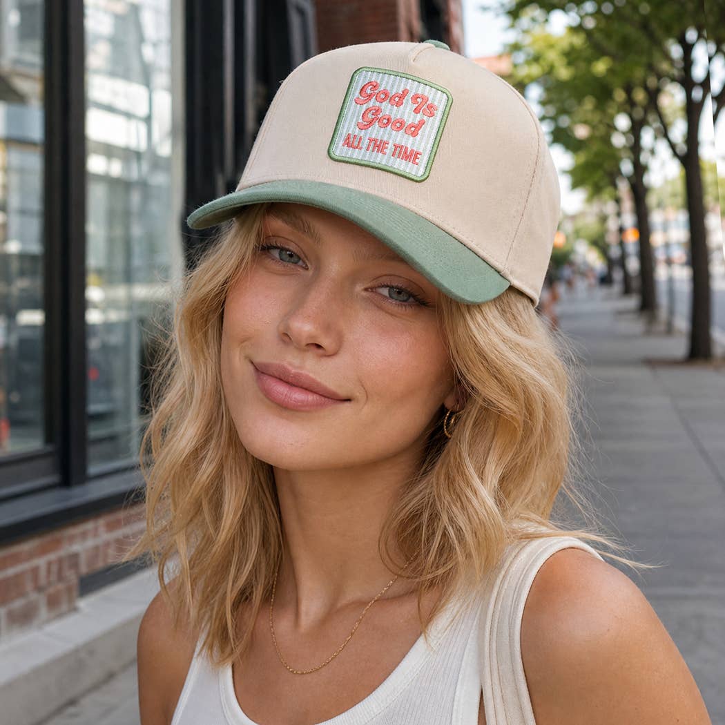 God Is Good Embroidered Patch Two-Tone Trucker Hat: LT.PINK/ ONE SIZE