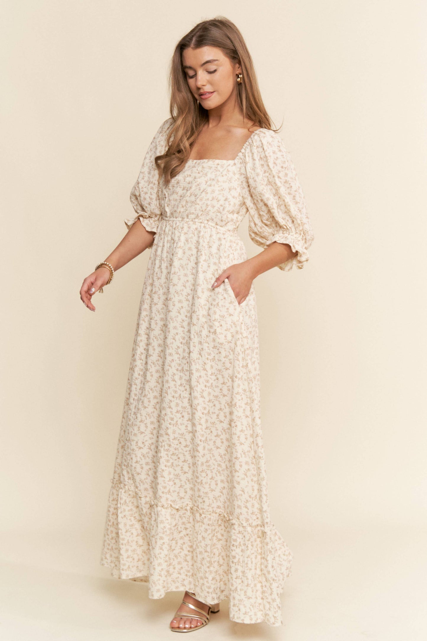 FLORAL PRINT MAXI DRESS: Neutral