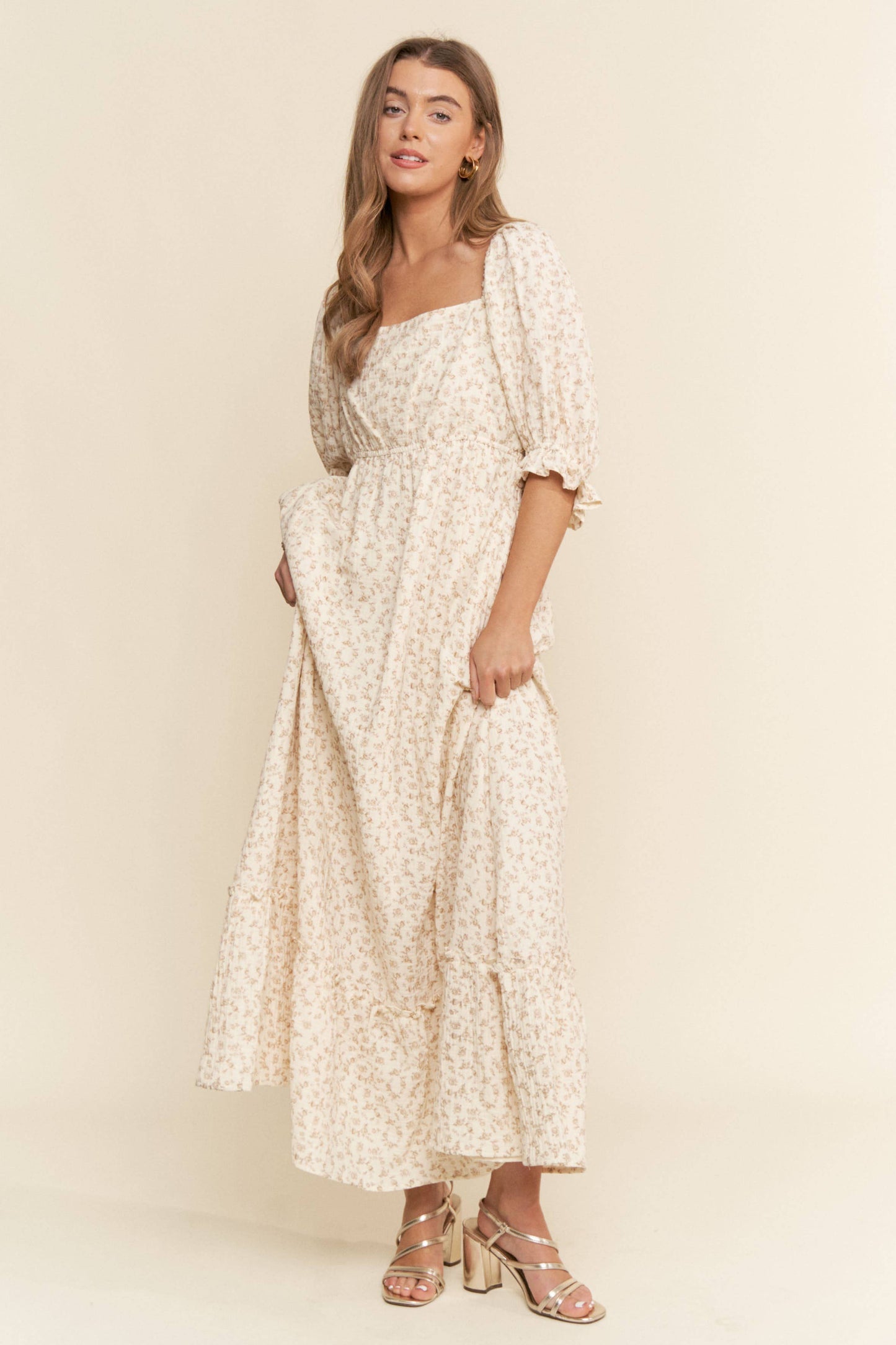 FLORAL PRINT MAXI DRESS: Neutral