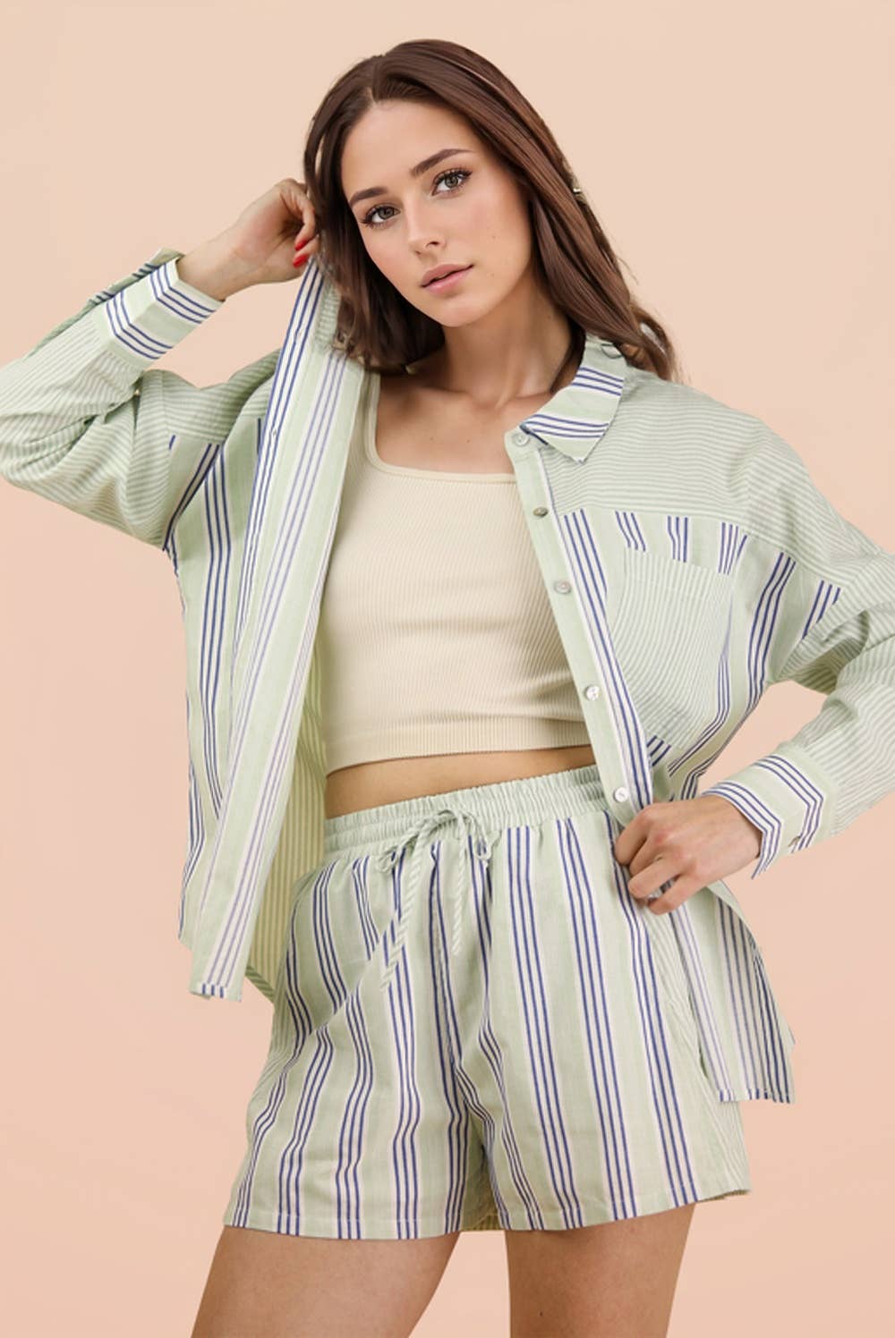 PLUS SIZE Stripe Woven Shirt Top & Shorts Set: BLUE/SAGE