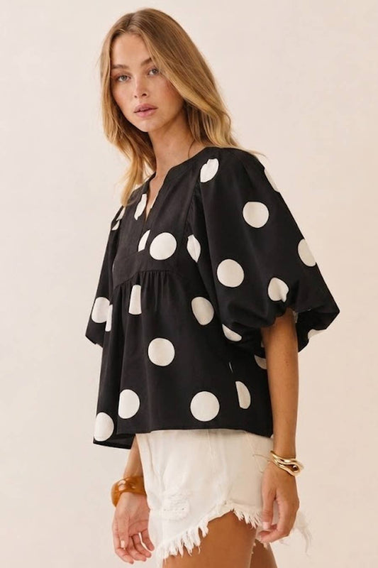 Polka Dot Printed Blouse: BLACK O.WHITE