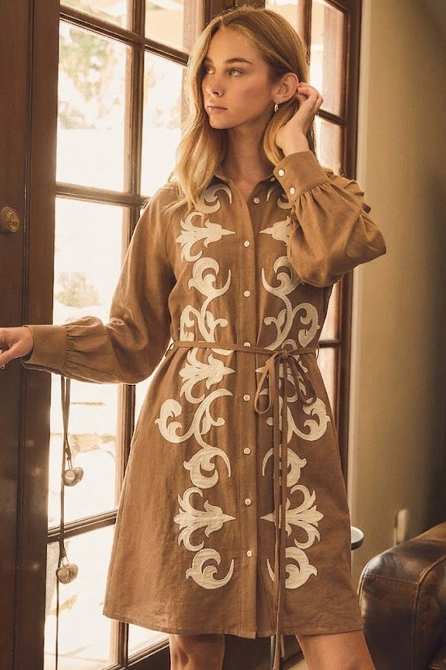 Embroidered Shirt Mini Dress: CAMEL