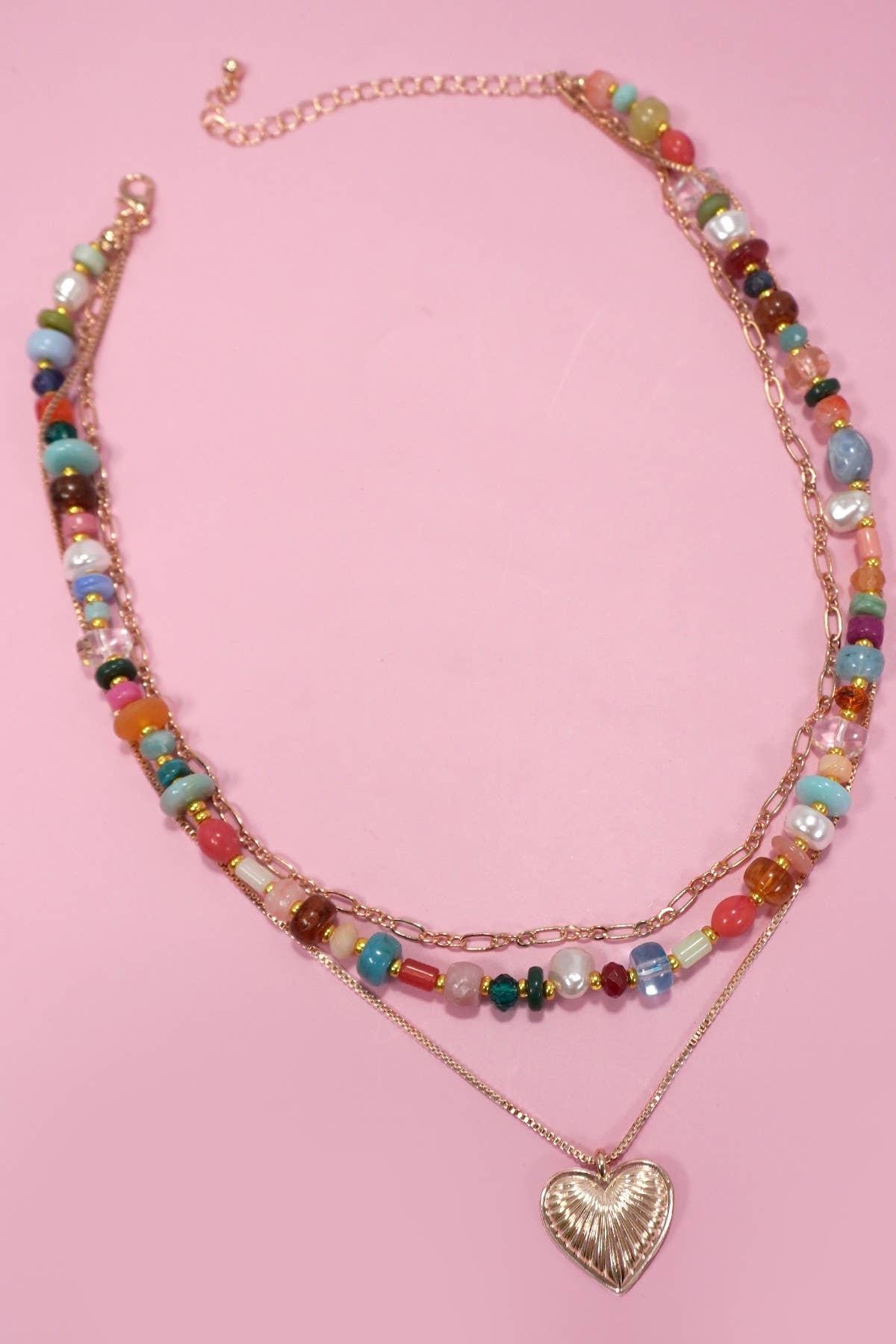 MULTI LAYERED BEADED HEART CHARM NECKLACE :GOLD