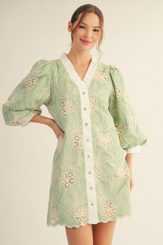 Crochet Lace Accent Embroidered Dress: Green