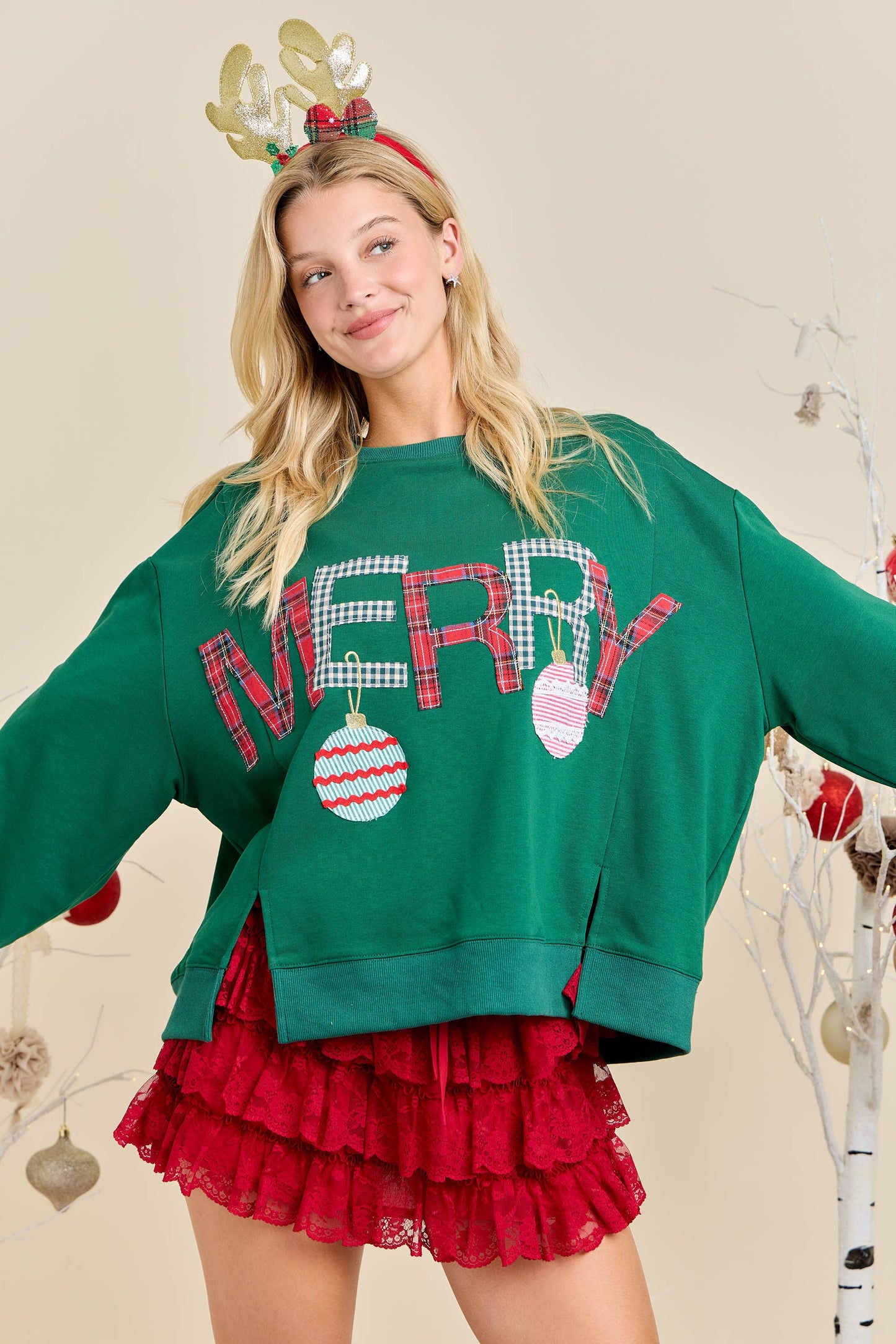 Merry With Ornament Patchwork Oversized Long Sleeve Top