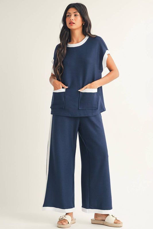 Color Block Pocketed T Shirt and Wide Leg Pants Set