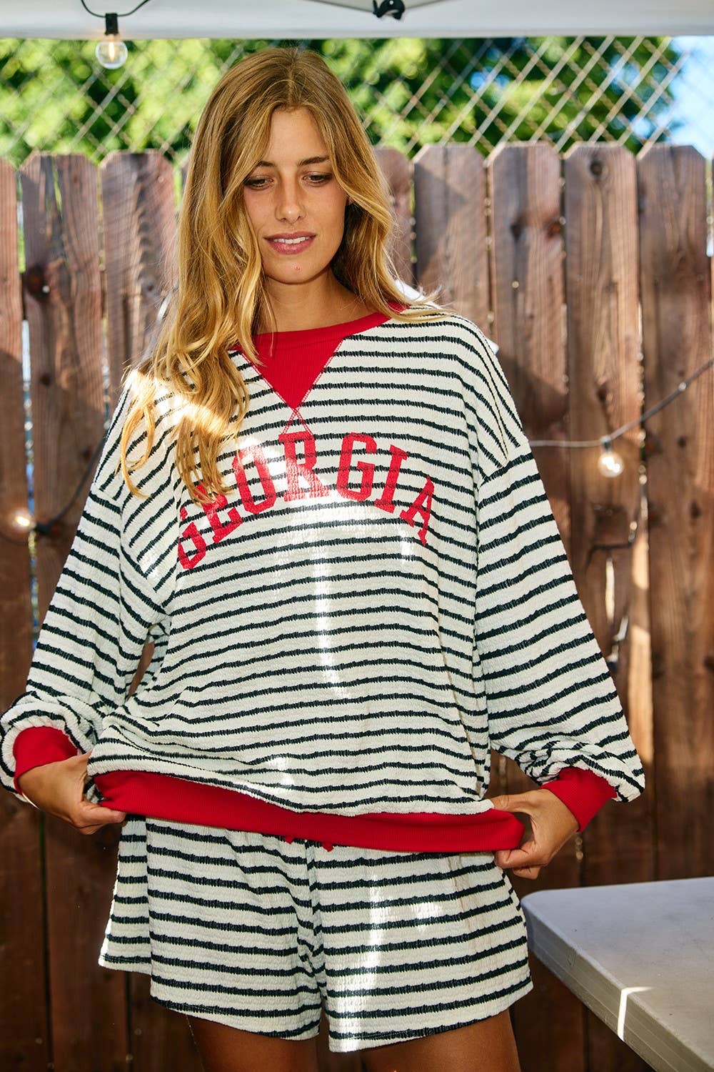 GEORGIA Print Striped Sweatshirt Top: Black/Red