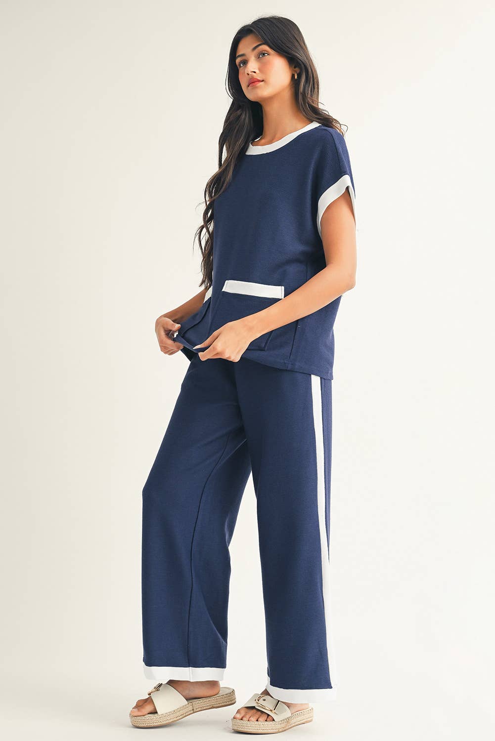 Color Block Pocketed T Shirt and Wide Leg Pants Set