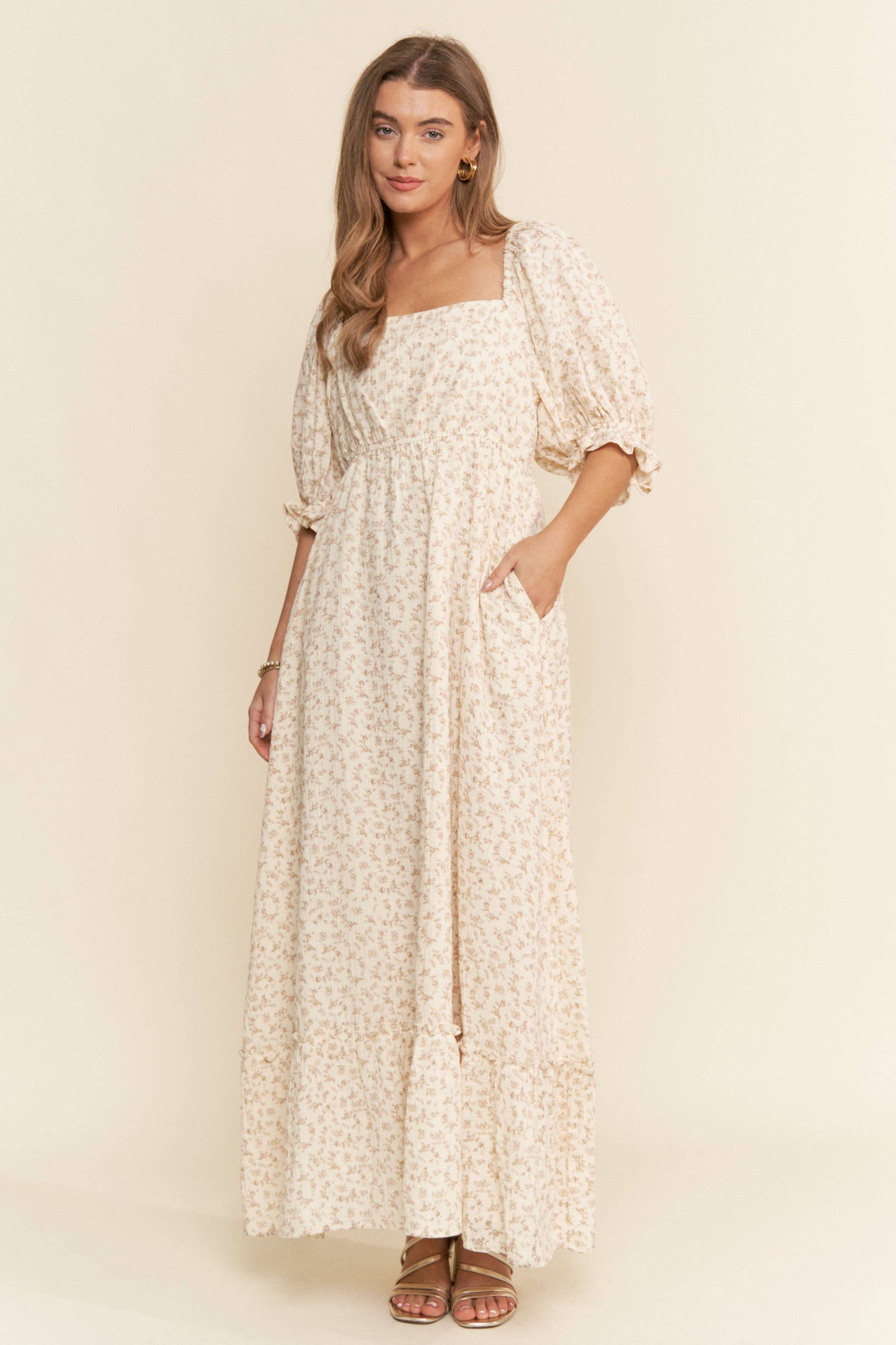 FLORAL PRINT MAXI DRESS: Neutral