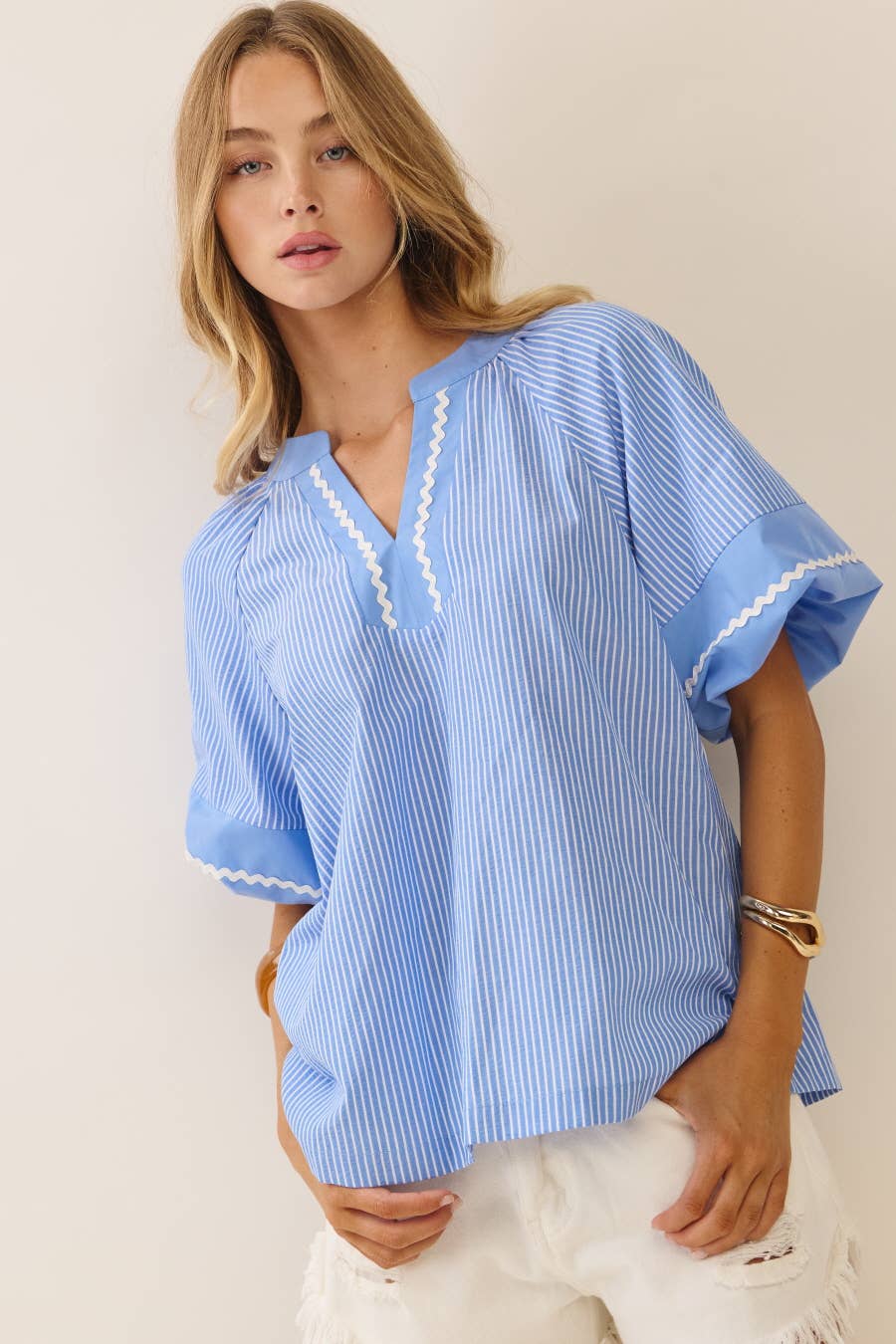 Striped Woven Blouse: Denim