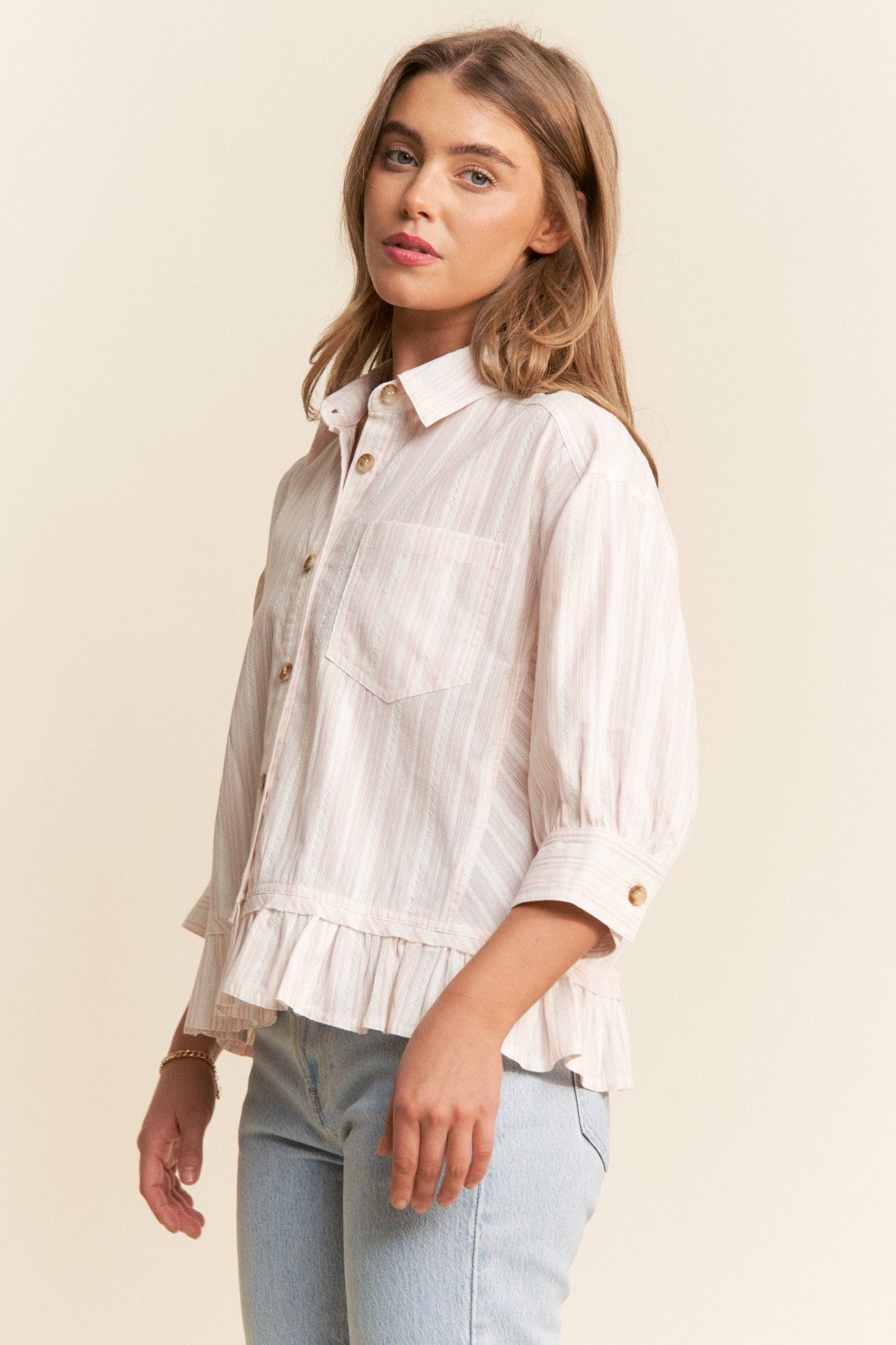 Stripe Jacquard Button Up Pleated Top