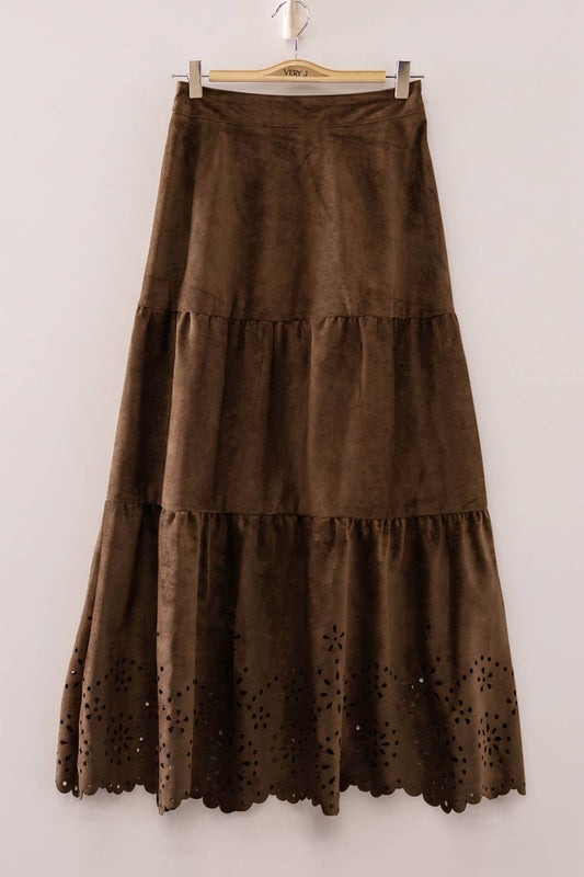 Faux Suede Tiered Midi Skirt: CHOCO