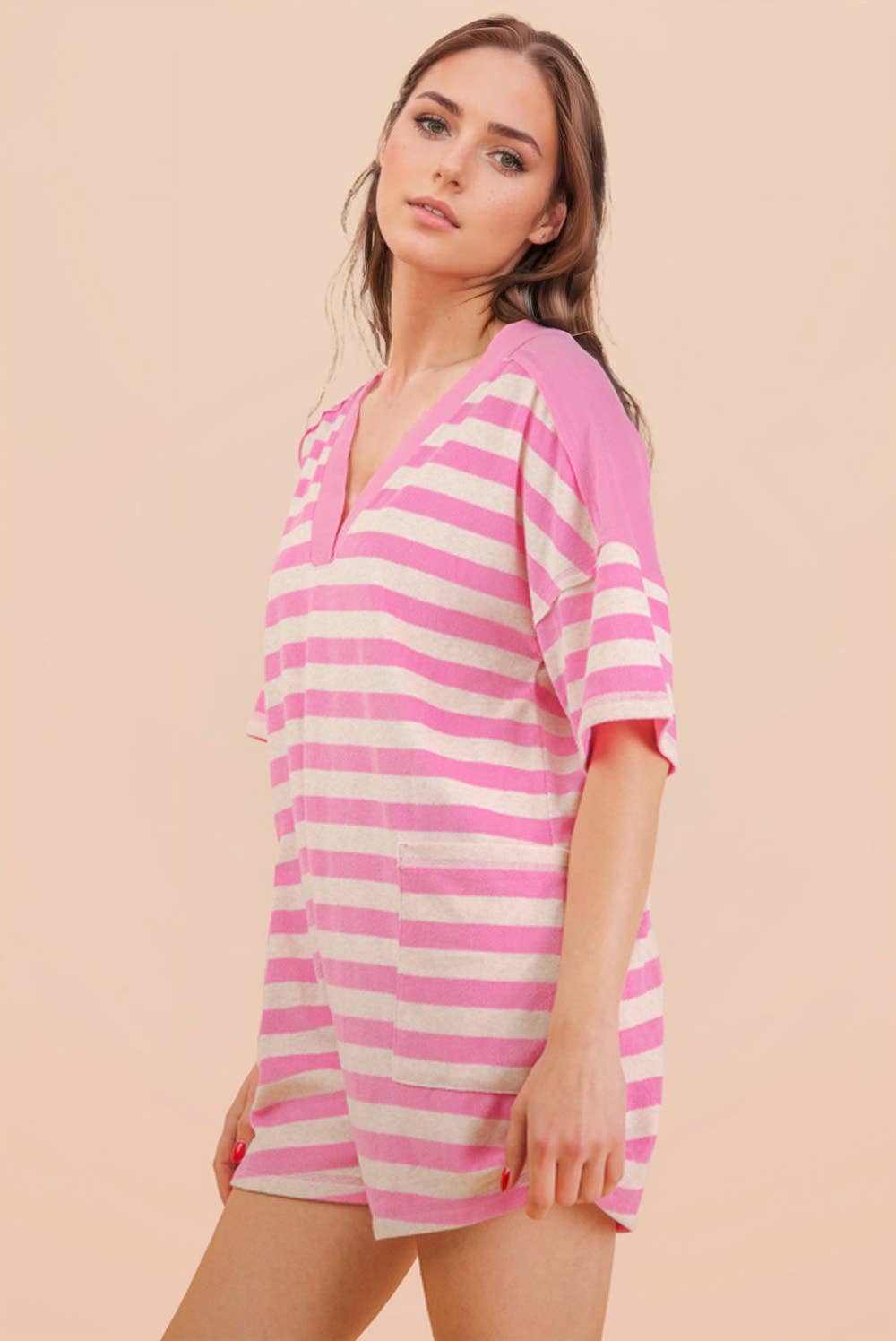 Stripe Casual Knit Romper: PINK/OAT