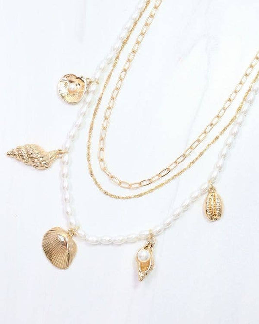 Calm Seas Pearl and Shell Charm Necklace Gold