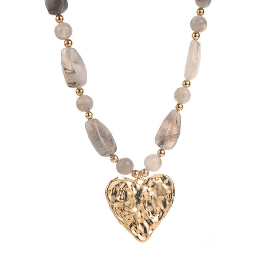 Hammered Heart Pendant Resin Beaded Necklaces | Grey